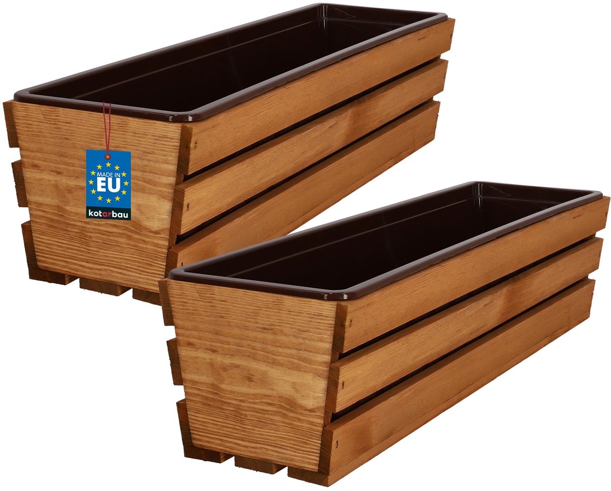 KOTARBAU® 2 Stuks - Houten Plantenbak - Bloembak Hout - met Kunststof Inzetstuk - Balkonbak - 60 x 18 x 15 cm - Eik - voor Terras - Balkon - Deko Planten