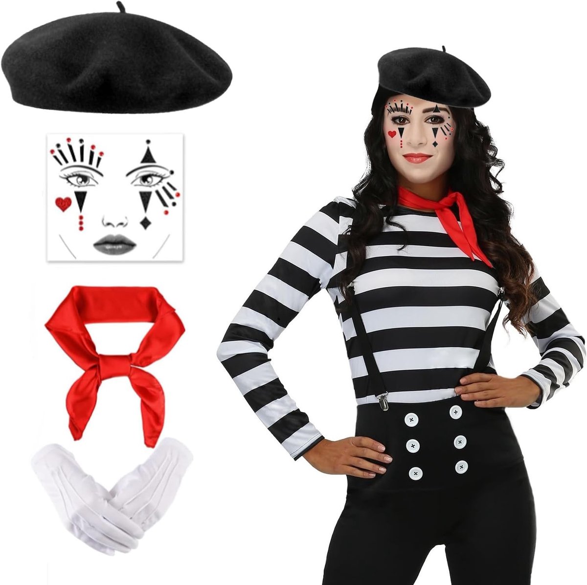 Carnaval kostuum voor mannen en vrouwen met clown outfit, zwarte pantomime hoed, rode stof, witte handschoenen en gezichtstatoeage