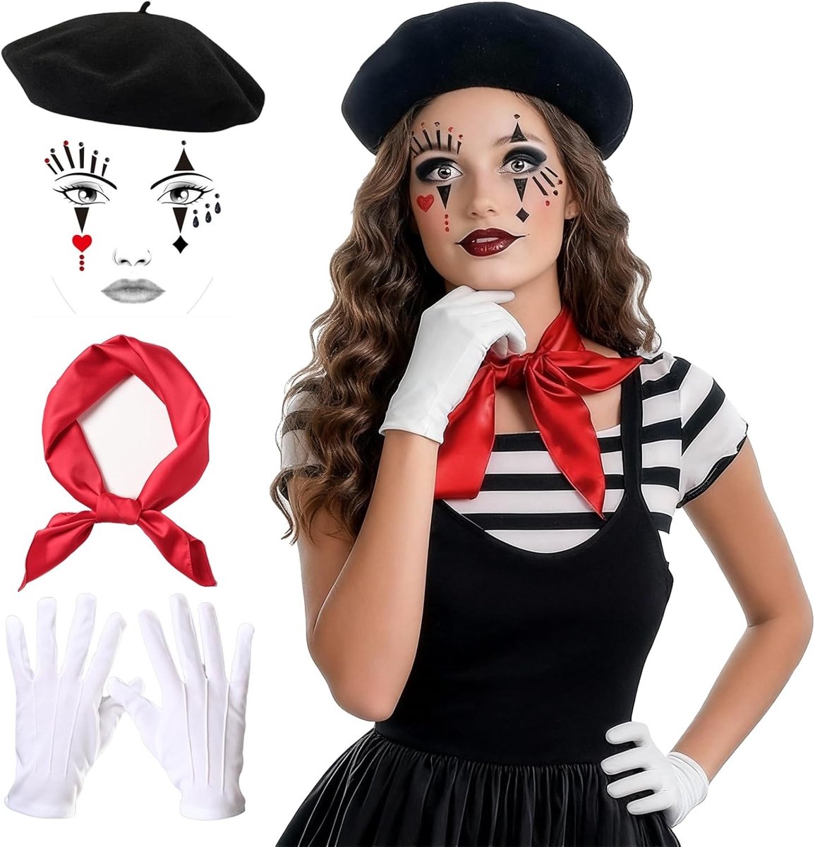 Pantomime Kostuum voor Mannen en Vrouwen, 4-delige Set met Zwarte Hoed, Rode Stof, Witte Handschoenen en Gezichtstatoeage, Ideaal voor Carnaval, Halloween en Themapartijen