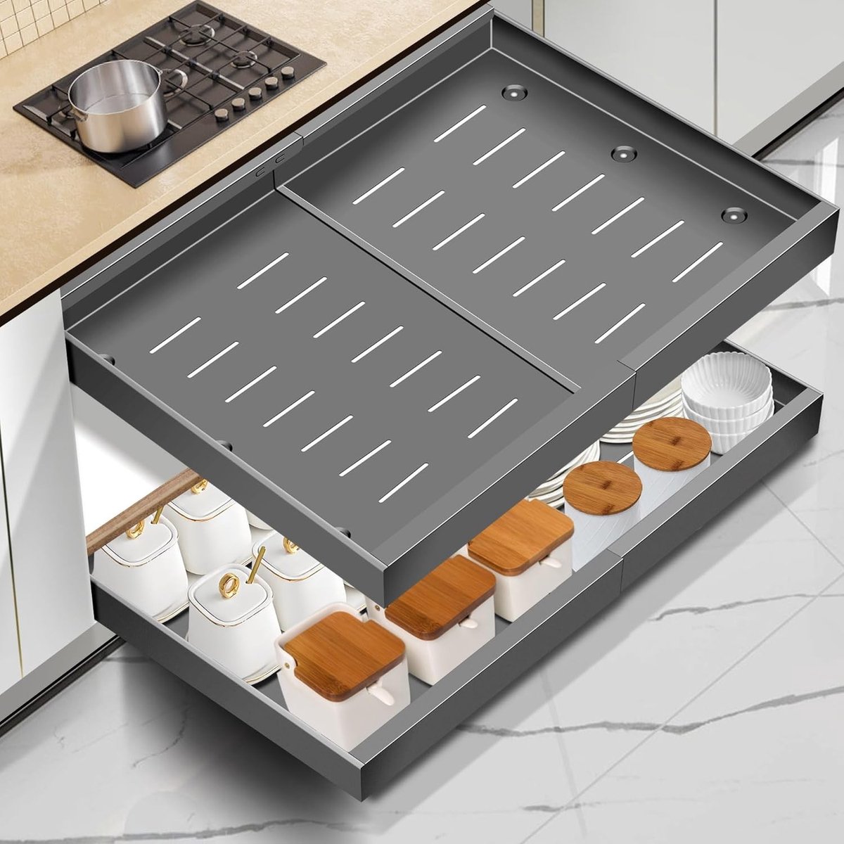 Uitbreidbare Keukenorganiser voor Lades - Telescopische Opberglade met Glue Opslag voor Keuken en Badkamer (Titanium Grijs, 2 Stuks), Breedte 31-52cm, Diepte 42cm - Efficiënte Ruimtebesparing en Organisatie