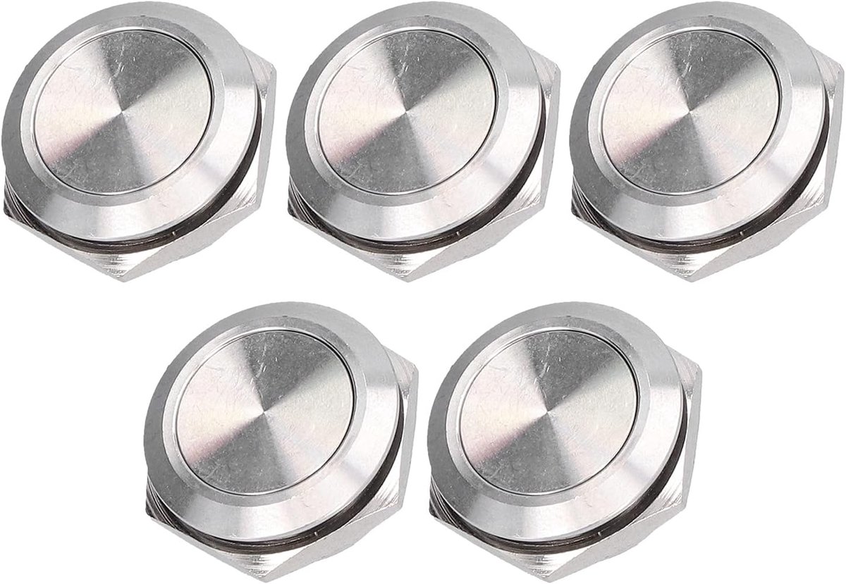 SnelShoppen - Flat Top Drukknop Schakelaar Set van 5 Stuks Roestvrij Staal Waterdicht 19mm met Schroefaansluiting voor Auto, Boot, Deurbellen en Meer