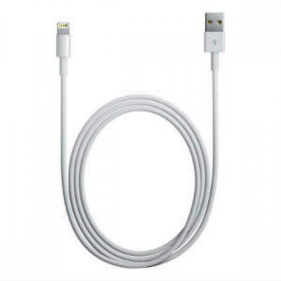 Witte Apple USB-A naar Lightning oplaadkabel, 1 meter lang, met een Lightning-connector aan de ene kant en een USB-A-connector aan de andere kant.