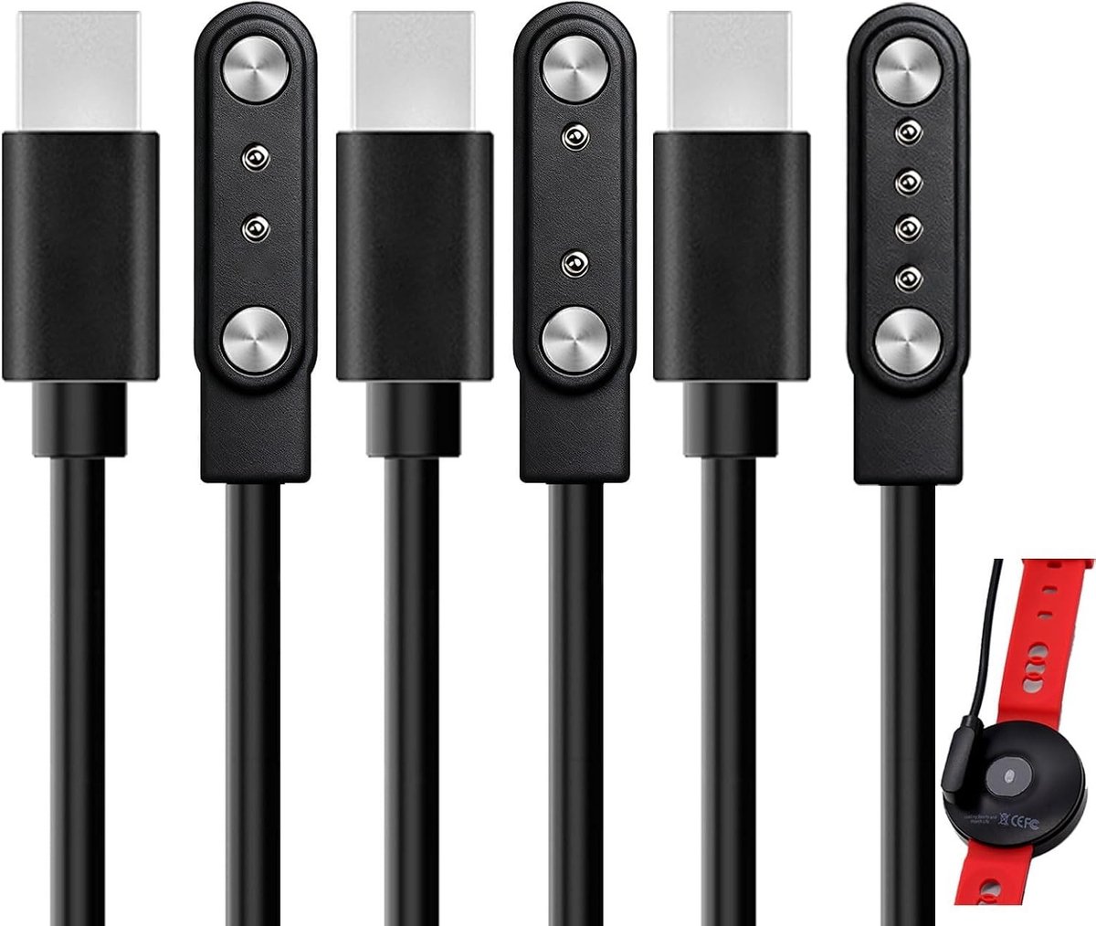 Set van 3 Universele Magnetische Opladers voor Smartwatches en Fitness Trackers, USB C Kabel, 2-Pin en 4-Pin Adapters, Compatibel met Diverse Modellen