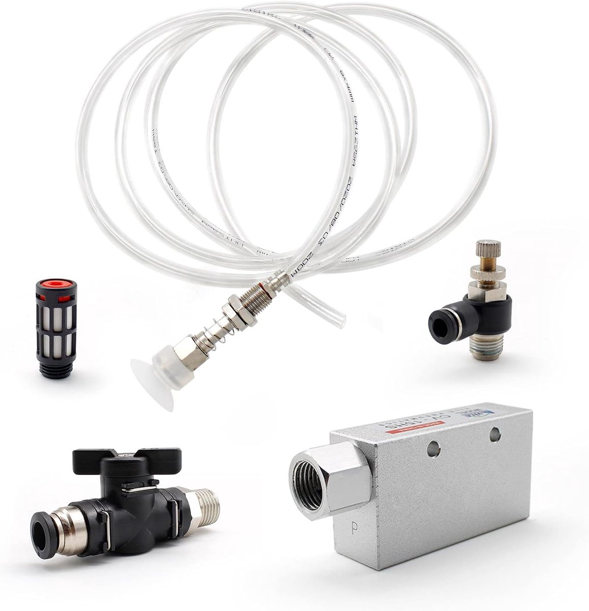 SnelShoppen - Pneumatische Vacuüm Generator Manipulator Pack met Geluiddemper, PU Pneumatische Slang, Pneumatische Heftuit en 1/4" Pneumatische Aanslu