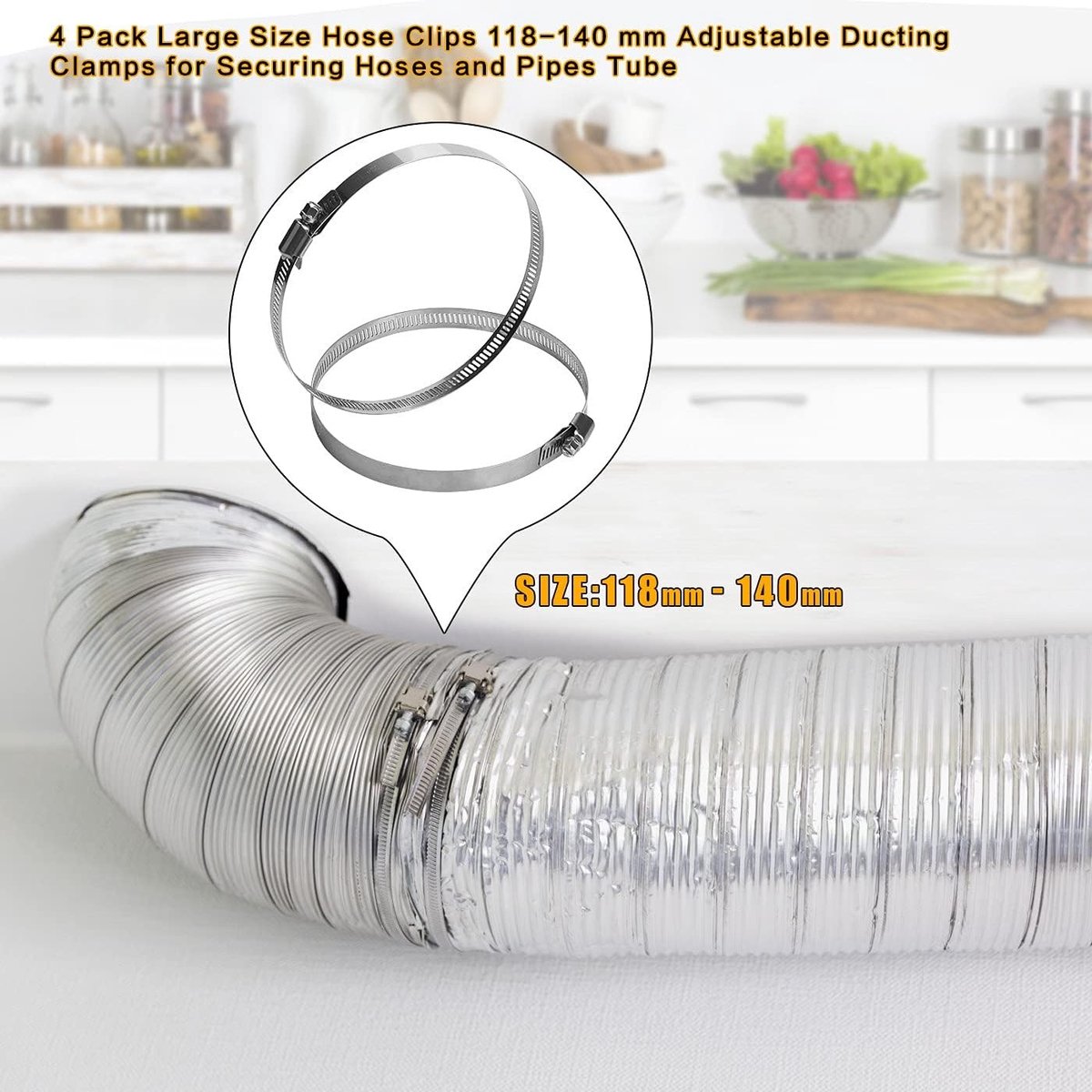 Grote RVS Slangklemmen 4 Stuks 118-140mm, Verstelbare Duct Klemmen voor Bevestigen van Slangen en Leidingen