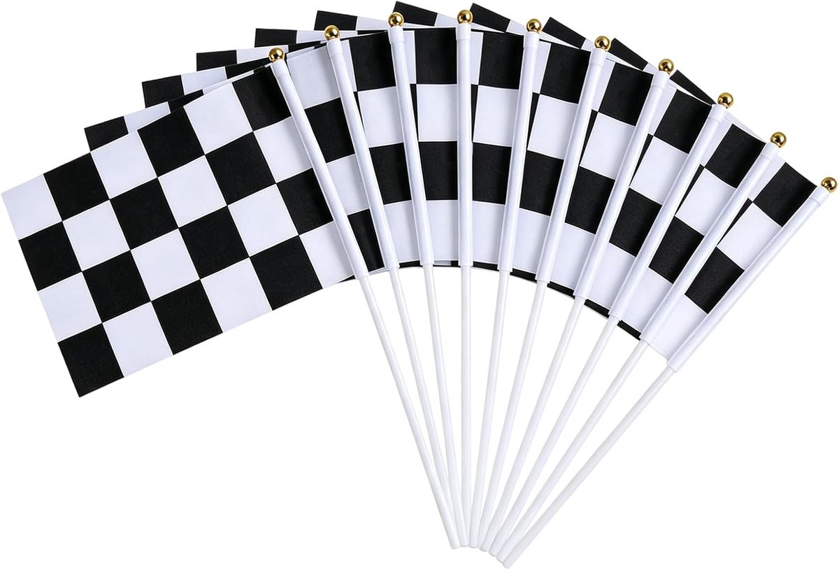 SnelShoppen - 10 Stuks Zwart-Witte Geblokte Racing Vlaggen met Plastic Stok voor Auto Racing, Sportevenementen, Voetbalwedstrijden, Themafeesten