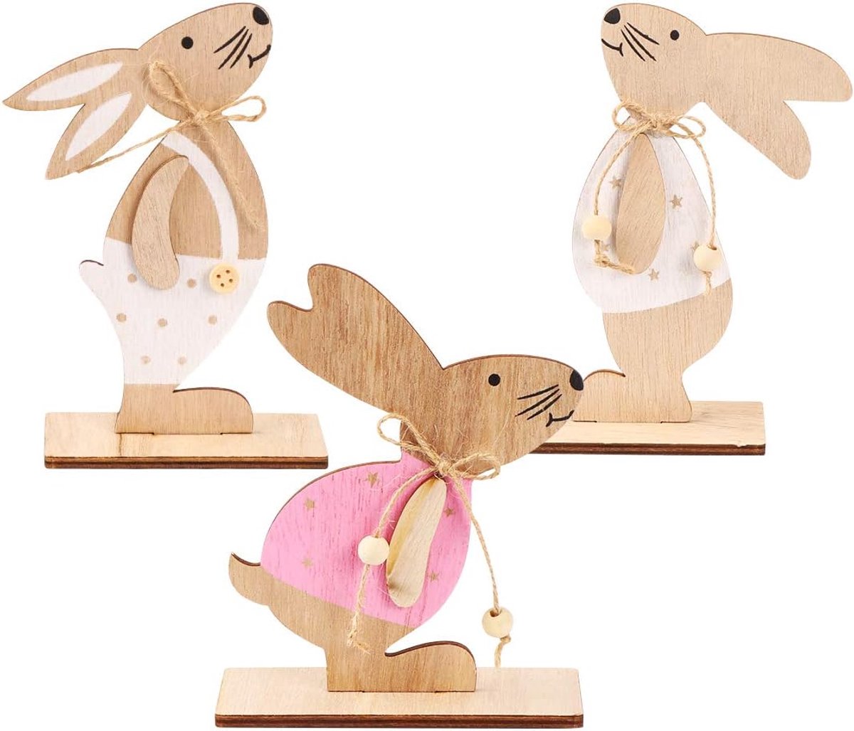 Zaloife Wooden Easter Bunny Standing Easter Bunny 3 Pieces Decorative Easter Bunny Easter Bunny Figures Wood Easter - ShopVlot