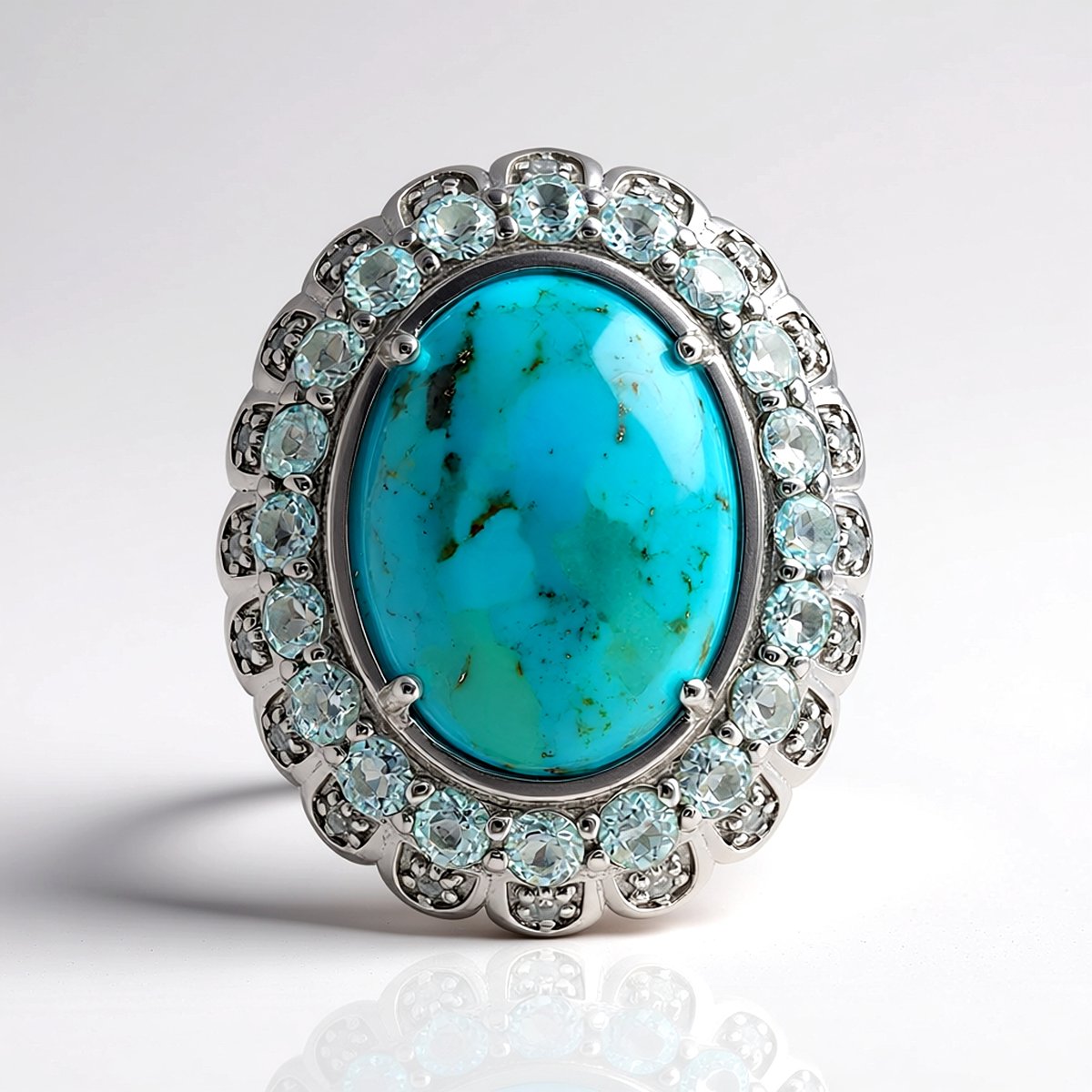 Cavill - Zilveren ring met blauwe Kingman Mohave turkoois ovaal cabochon 5,994 ct - 925 sterling zilver - topaas pavé - elegante damesring