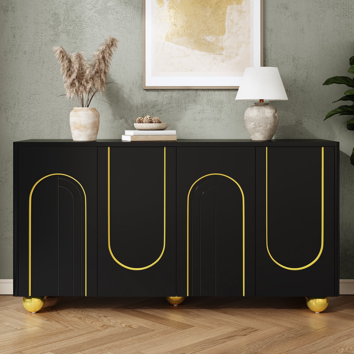 VVBV Dressoir - 140 x 40 x 74 cm, Zwart, met 4 Deuren, Metalen Poten, MDF & Spaanplaat, Veel Opbergruimte