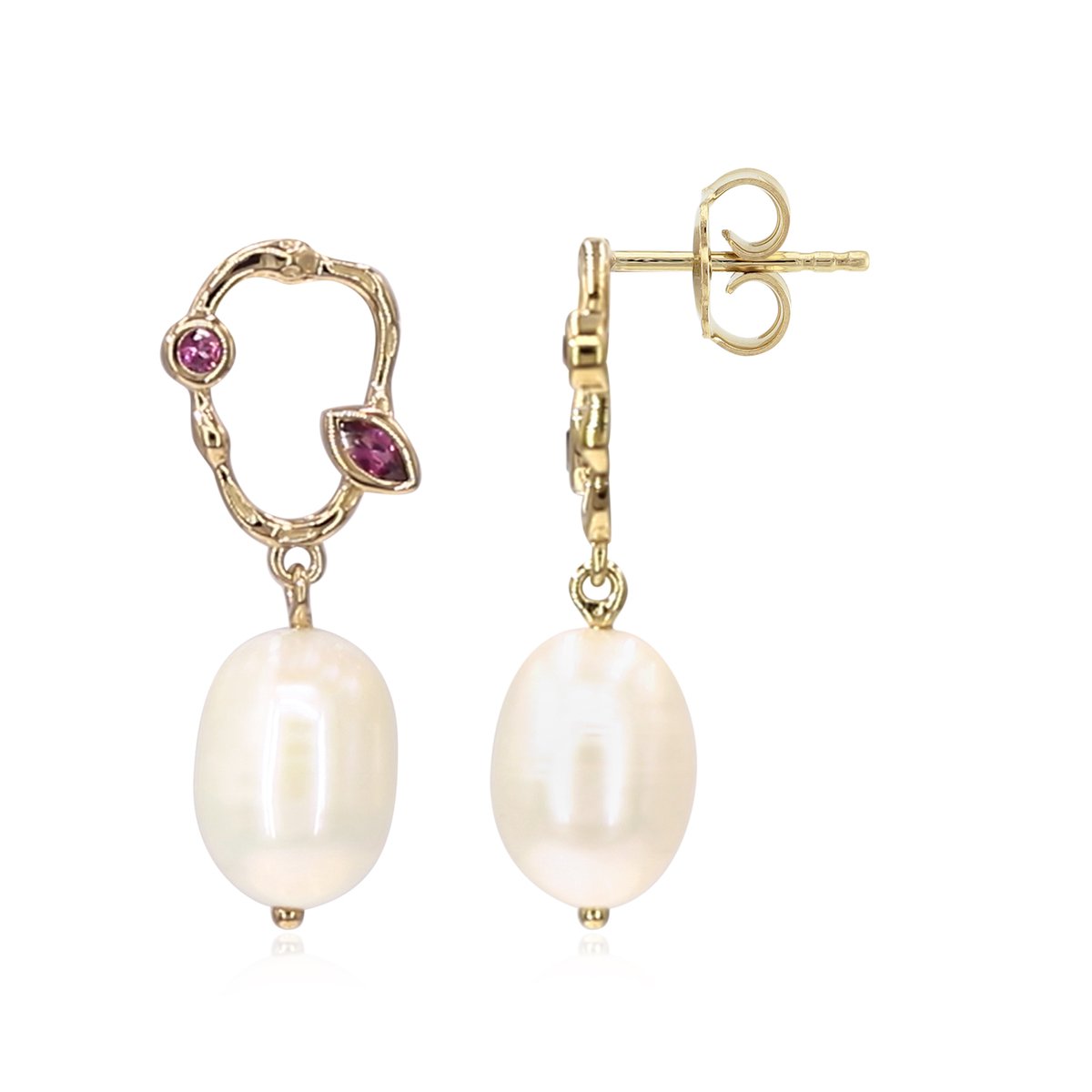 Cavill - 30 mm Oorbellen - 925 Sterling Zilver Verguld - Witte Zoetwaterparels 12x9 mm - Rhodoliet Marquise & Rond 0,26 ct - Elegant