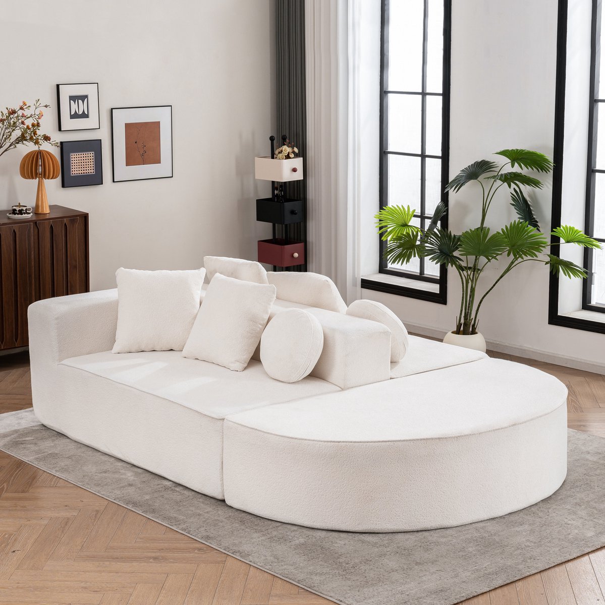 MEUNIQ 5-zits modulaire hoekbank met slaapfunctie, chenille bekleding, zonder montage, wit, voor de woonkamer