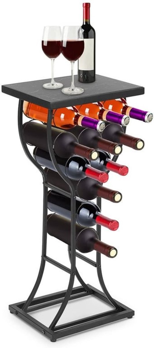 Wijnrek met Marmeren Oppervlak - Wijnfleshouder voor 11 Flessen - Zwart Metalen Frame - Duurzaam en Stevig - Perfect voor Kelder en Bar - Wijnhouder