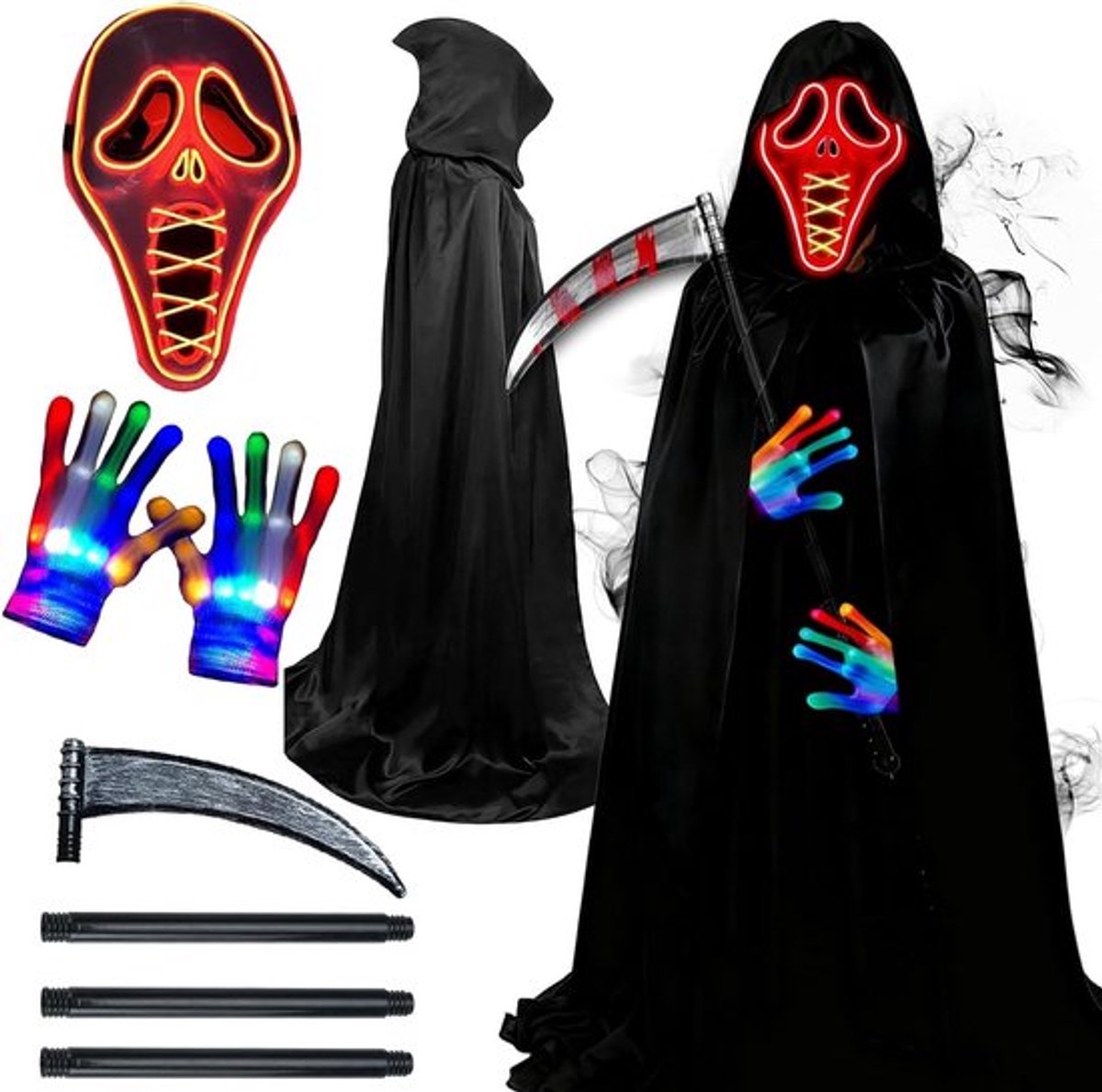 Grimmige Doodskleed, Halloween Kostuum met LED Schreeuwmasker, Zwarte Cape en Glimwormhandschoenen voor Cosplay en Carnavalsfeesten