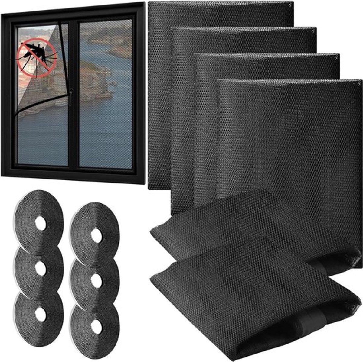 Vliegengaas voor ramen - 6 stuks insectennet met zelfklevende strips, eenvoudig te installeren, muggennet op maat snijden, 150 x 130 cm, ideaal voor bescherming tegen insecten en vliegen