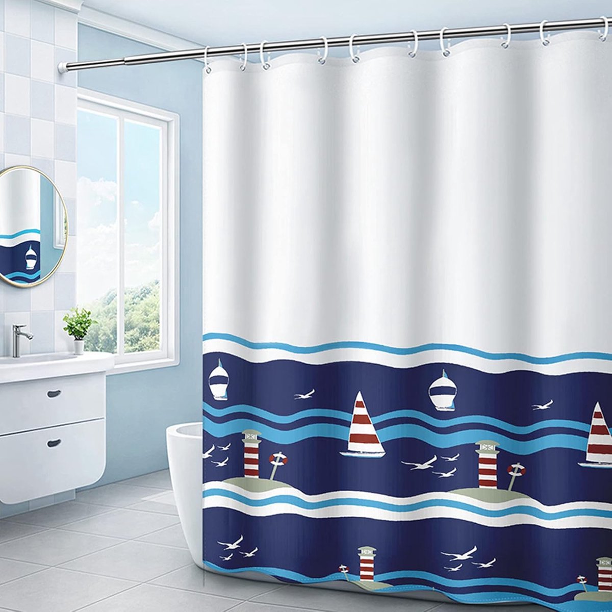 SnelShoppen - Ocean Style Douchegordijn 180cm x 183cm Waterdicht Katoen Liner met Oogjes en Haken, Machinewasbaar, Voor Badkamer en Douche