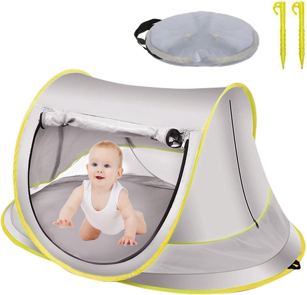 SnelShoppen - Pop Up Strandtent Draagbaar UV Bescherming UPF 50 Zwembad Tent met Muggennet Grijs Max voor Kinderen en Volwassenen