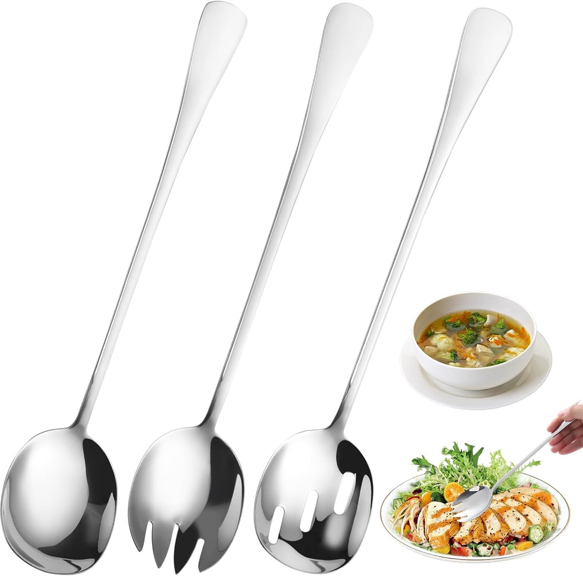 SnelShoppen - 3-delige Saladeset RVS Bestek - Hoogglans Polished - 28 x 5.5 cm - Zware Saladeschep, Vork en Zeef - Perfect voor Restaurant, Thuis, Hot
