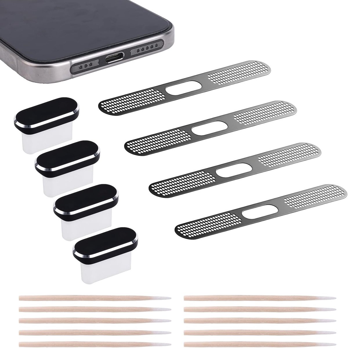 SnelShoppen - 4 Stuks USB C Stofpluggen, USB C Poortbeschermers met Luidspreker Covers, Telefoonaccessoires voor Alle Type-C Oplaadpoorten (Zwart)