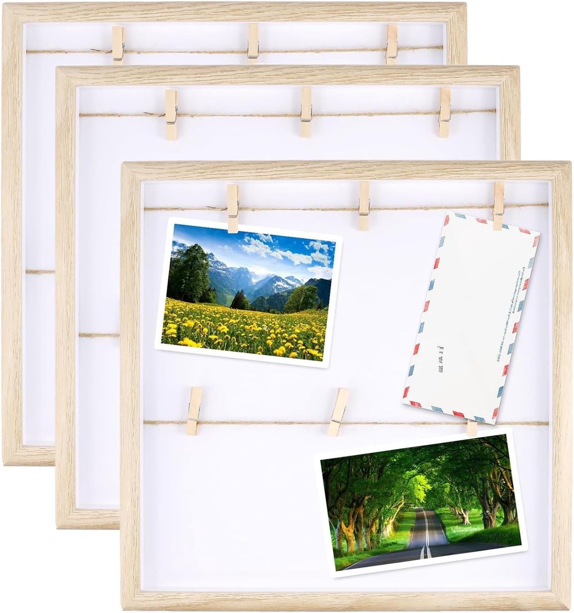 SnelShoppen - 3-Pack 30 x 30 cm Fotolijsten met Clips, DIY Foto Collage Lijst Hout, Polaroid Foto Lijst Muur, Wand Fotolijst met Touw voor Polaroid Fo