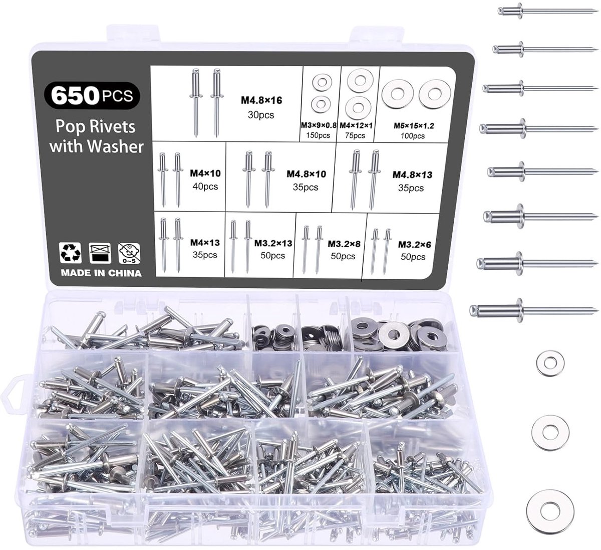 650 Stuks RVS Popnagels in 8 Maten, Dome Head Blindnagels, Sluitende Eind Popnagels voor Duurzame Bevestiging