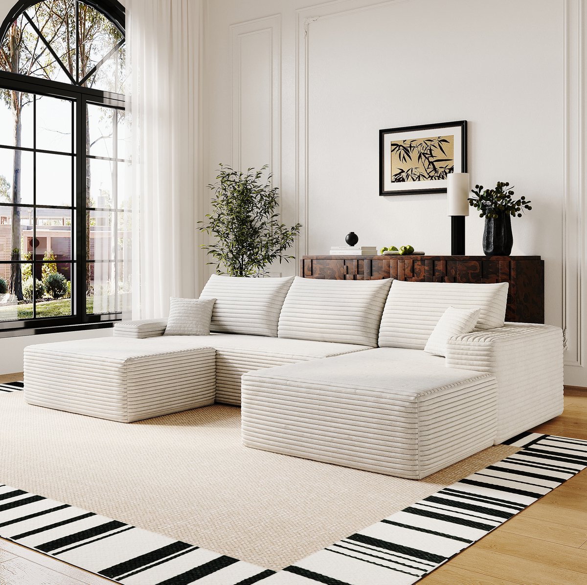 MIVRAY Hoekbank 270 Cm - Modulaire L-Vormige Chaise Longue - Zonder Montage - Voor Woonkamer En Slaapkamer - Corduroy - Wit