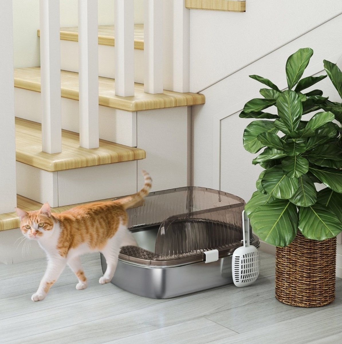 REDOM - Kattenbak - Hoog rand en lage instap - Uitneembare kattenbakschep - Halfgesloten ontwerp - Voor katten tot 15 kg - Roestvrij staal en ABS - Grijs - 53 x 42 x 27 cm