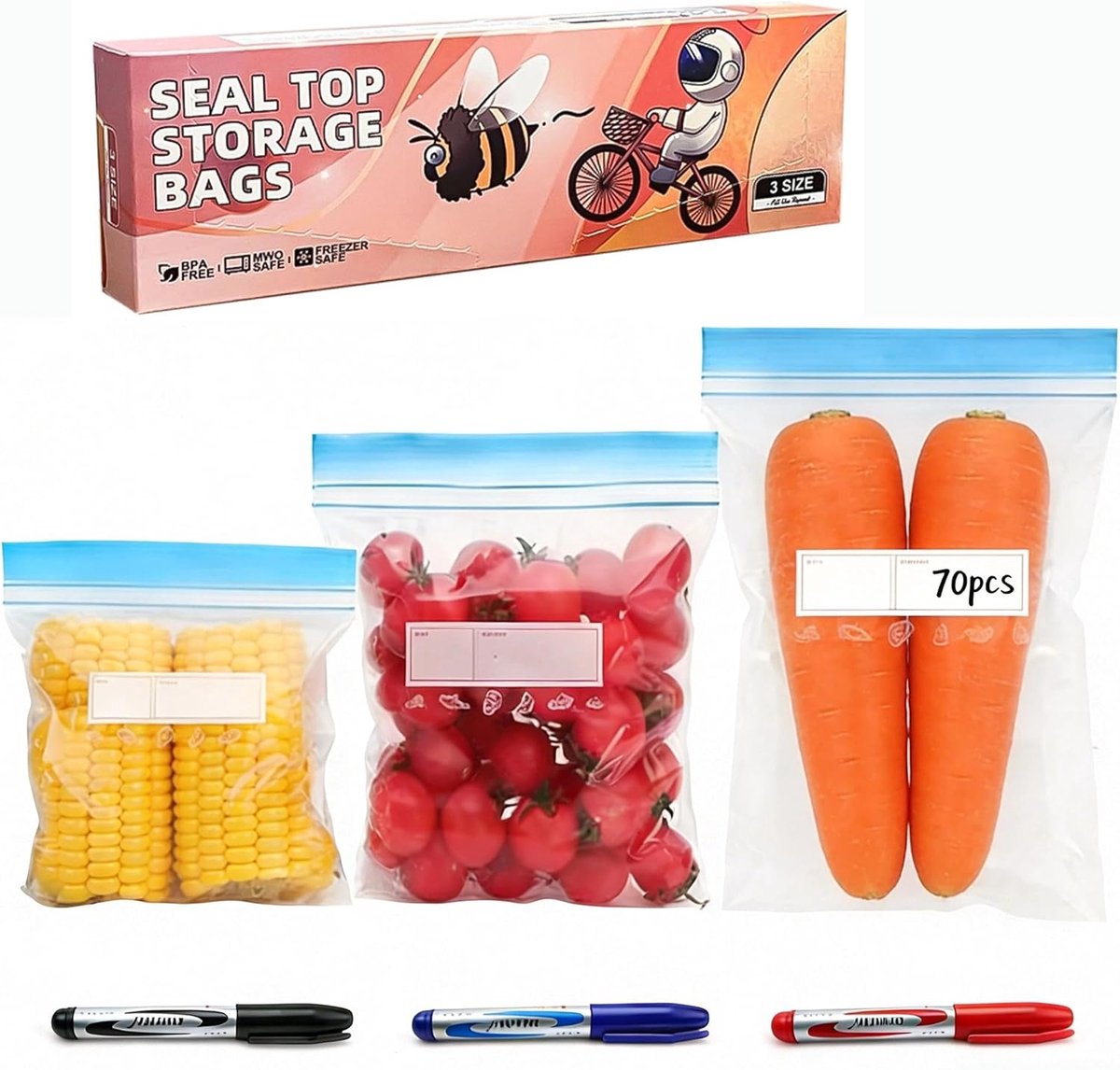 SnelShoppen - 70 Stuks Herbruikbare Vriezerzakken met Rits - Kleine, Middelgrote en Grote Maten - Ideaal voor Groenten, Fruit, Vlees en Snacks - Perfe