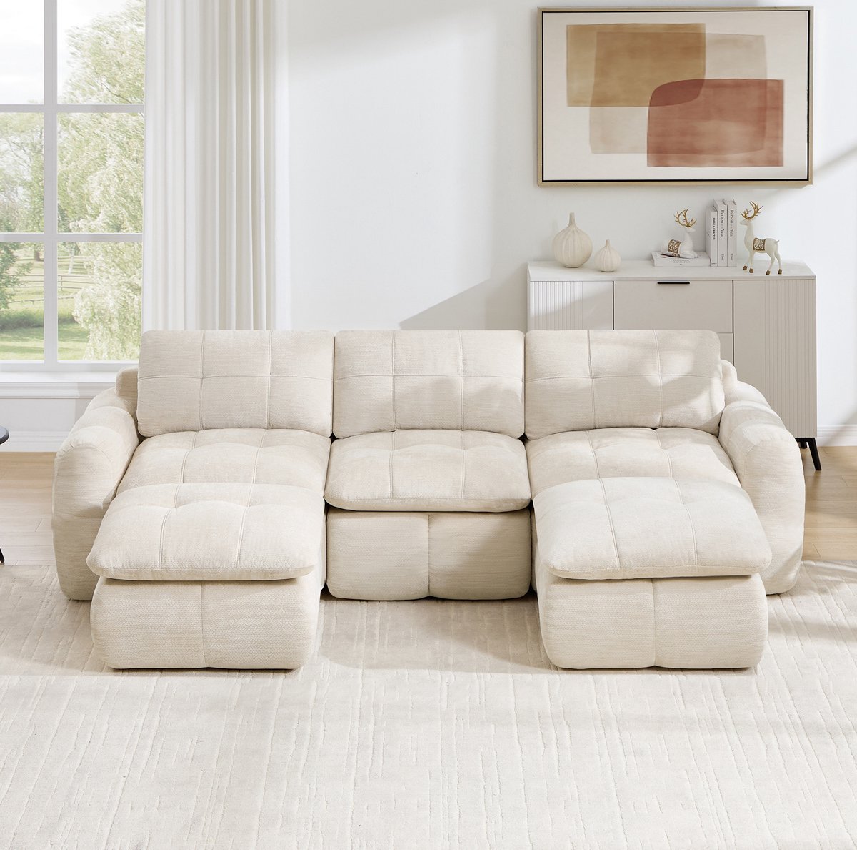 FloraGrace U Bank 3 Zits 264 Cm - Modulaire Wolkenzachte Chenille Bank Met 2 Ottomanen - Voor Woonkamer En Appartement - Beige