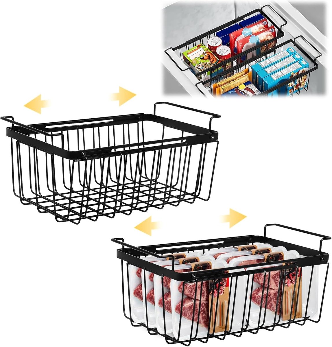 SnelShoppen - 2 Stuks Freezer Organisers met Handvatten, Uittrekbare Diepvriesmanden van 39 tot 59,5 cm, Gemakkelijke Toegang en Sorteren van Voedsel,