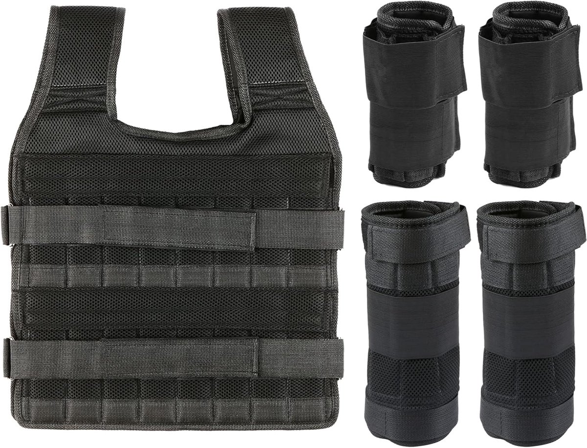 SnelShoppen - 35kg Trainingsvest met 6kg Beengewichten en 5kg Armgewichten, Verstelbaar, 32 Opbergvakken, Mesh Stof, Schokabsorberende Schouderbanden,