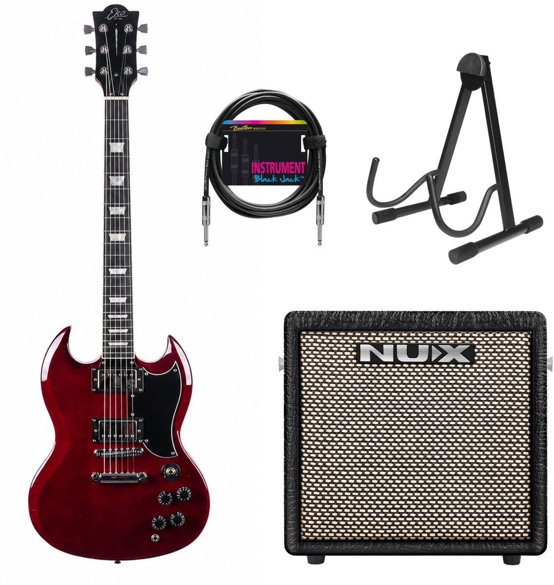 EKO DV300 Double Cut Elektrische Gitaar Set Rood + NUX Mighty-8 MK2 Versterker