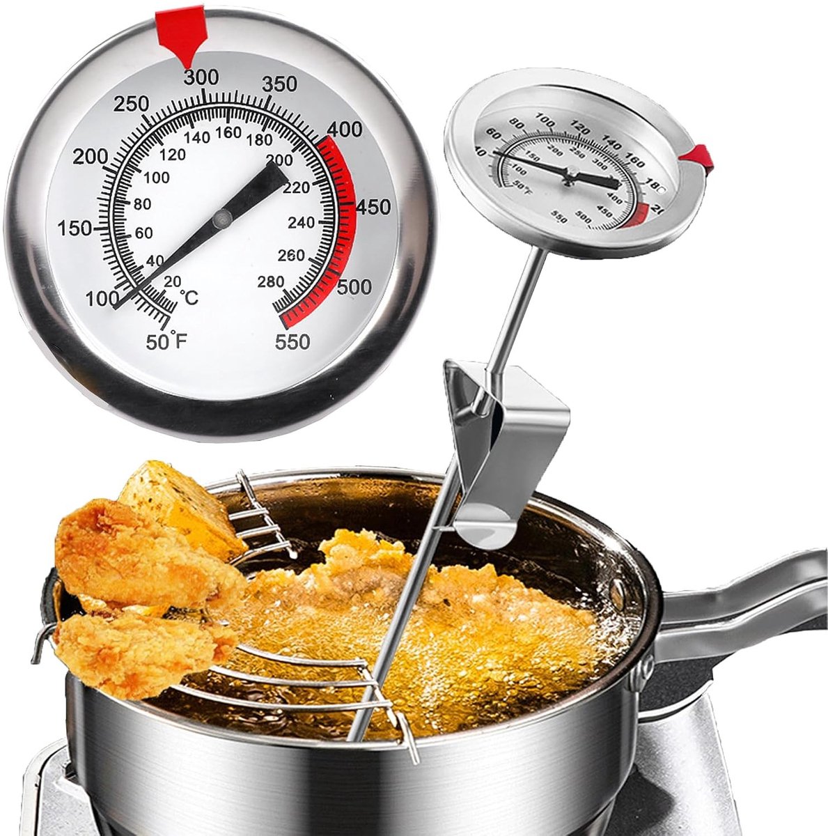 Braadthermometer - Zilver - 200 mm - Roestvrijstalen Bimetalen Wijzerthermometer - Voor Koken en Frituren