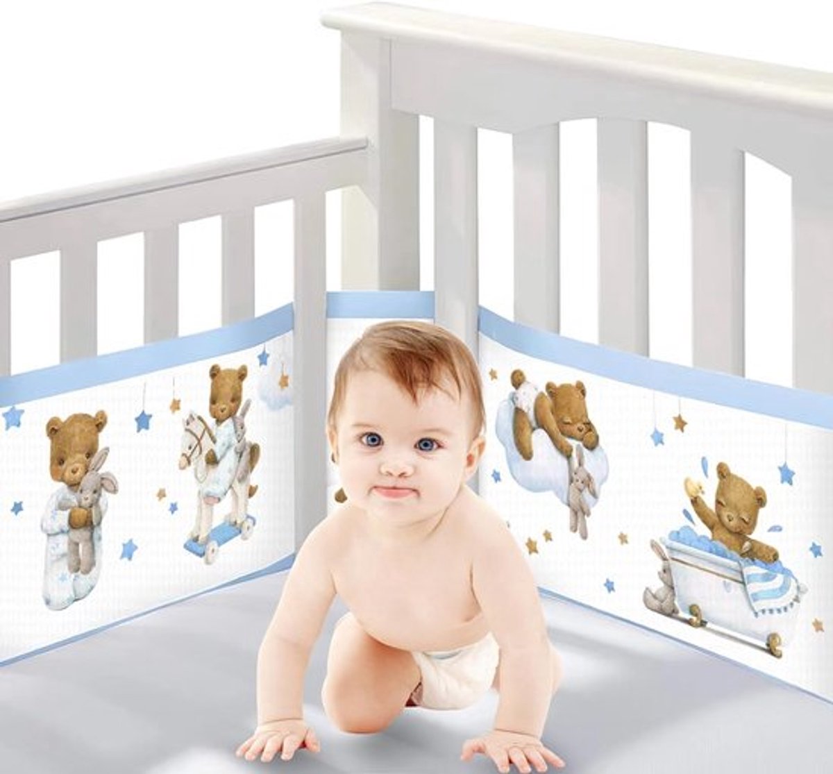 Ademend Babybed Bumper Set van 340 cm en 160 cm, 3D Mesh Voering voor Optimale Luchtcirculatie en Randbescherming, Verstelbaar en Afneembaar, Veiligheid en Comfort voor Jouw Baby
