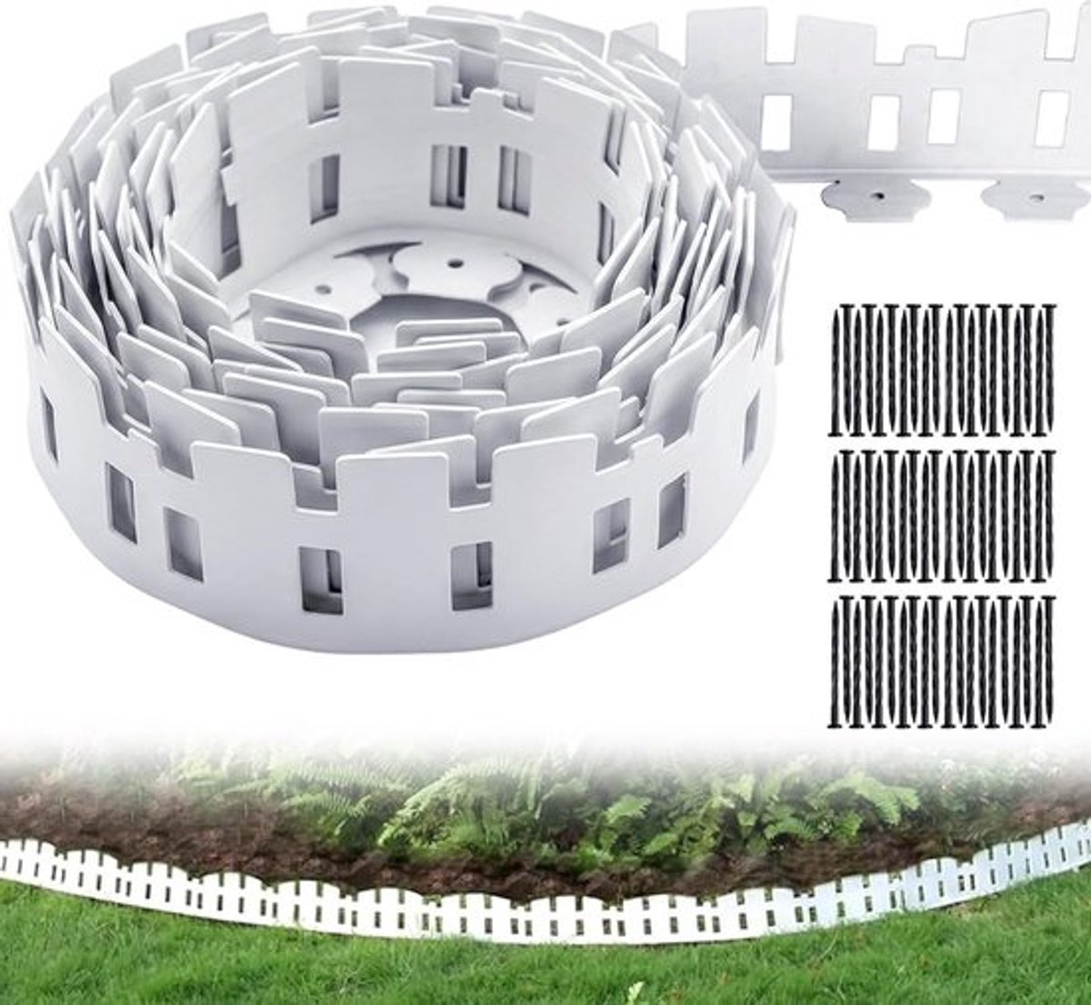 Flexibele kunststof gazonrand van 10 m, hoogte 11,5 cm met 60 grondankers voor bloemperken en tuinomheining, decoratief en duurzaam in wit