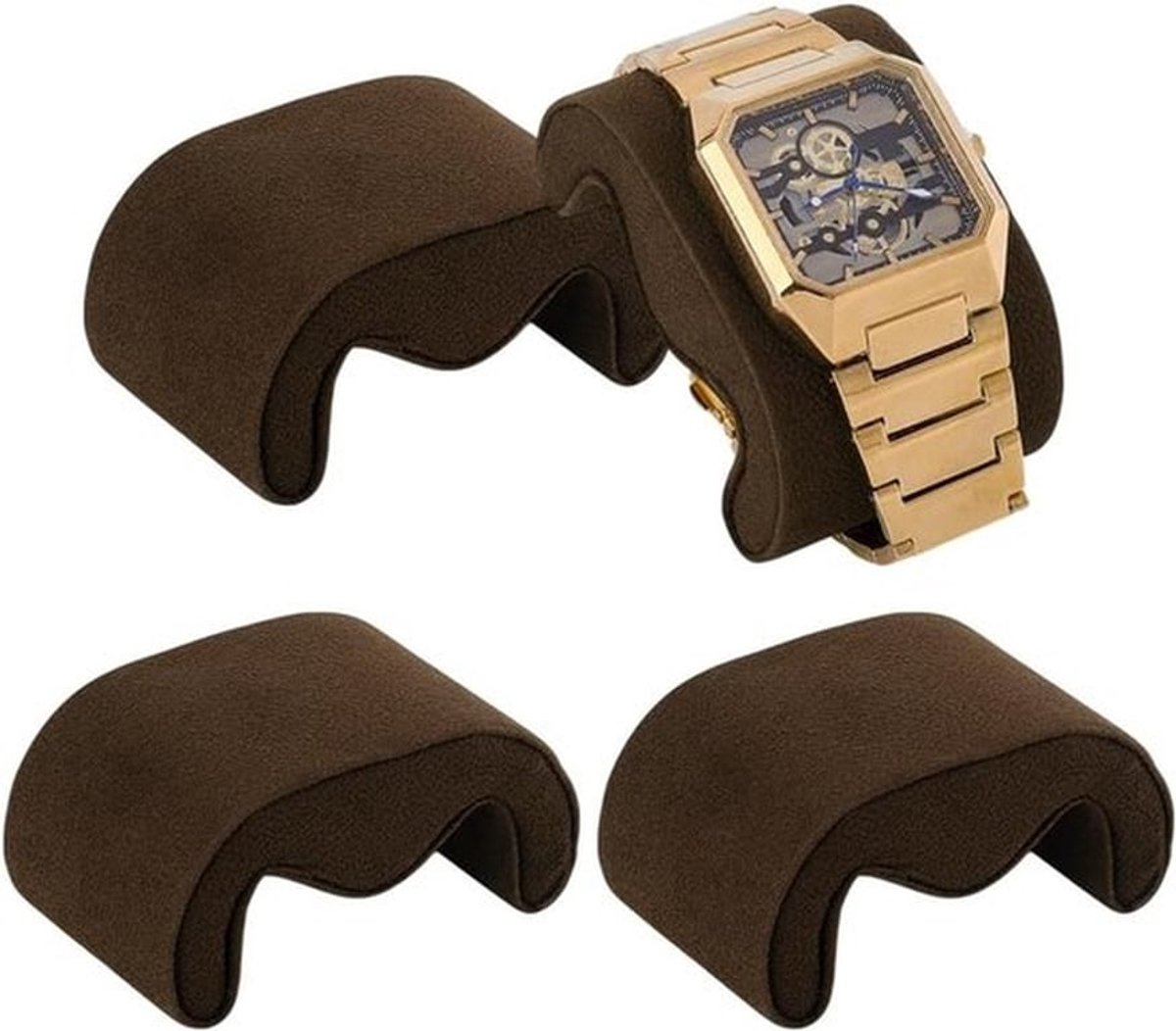 Set van 4 Luxe Horloge Kussens 7.3 x 4.8 x 3.5 cm, Fluwelen Display Kussen voor Horloges, Armbanden en Sieraden, Bruin
