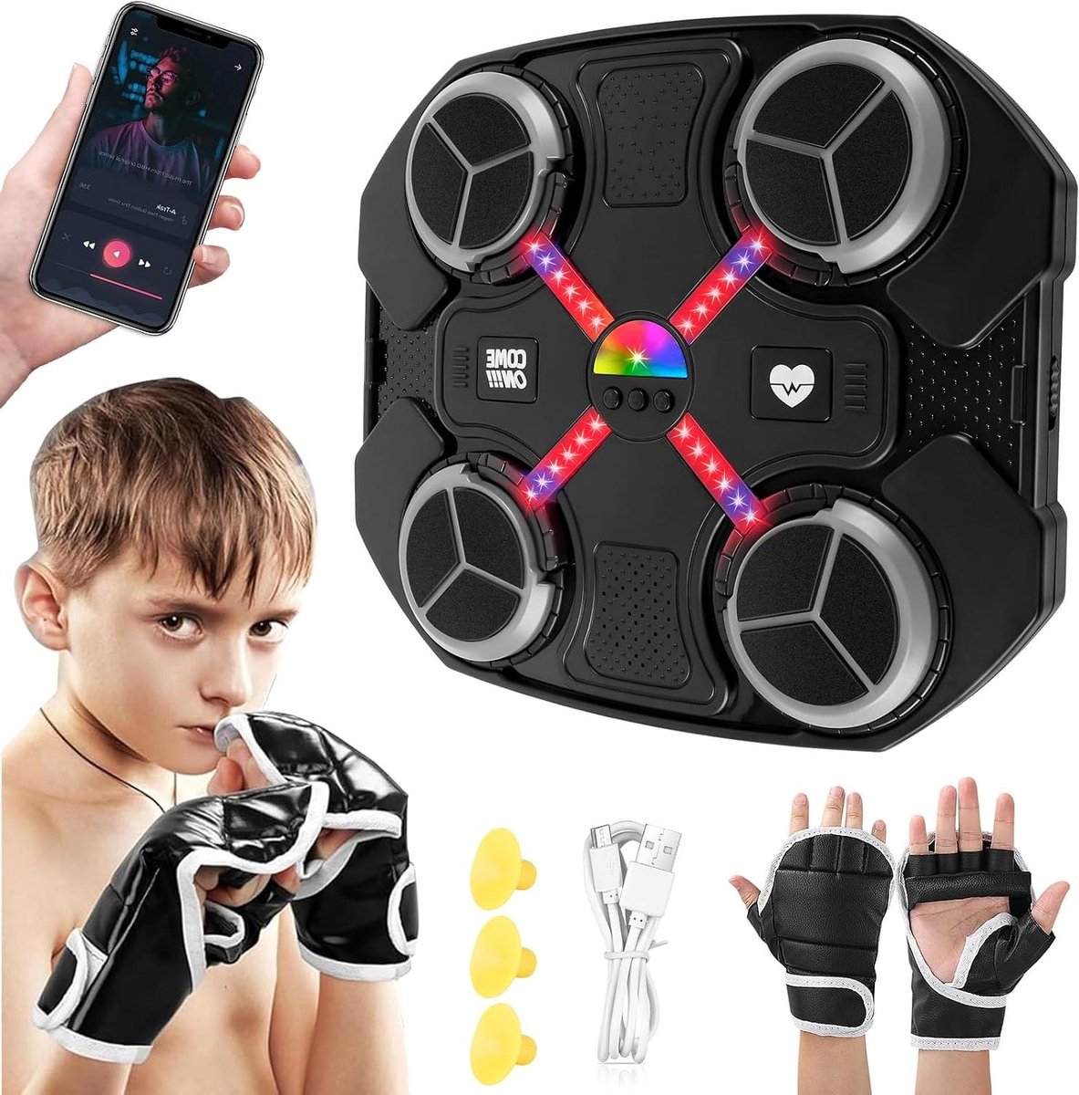 Muziek Boksmachine - Wand Bokstrainer - Actieve Kindertijd - Bluetooth Verbinding - 32x27.5 cm - Zwart