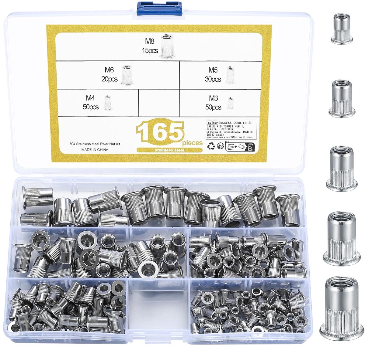 SnelShoppen - Pack van 165 Draadmoeren M3 M4 M5 M6 M8, Platte Kop Draadmoeren voor Metaal, Hout, Aluminium - Robuuste en Duurzame RVS Bevestigingsmate