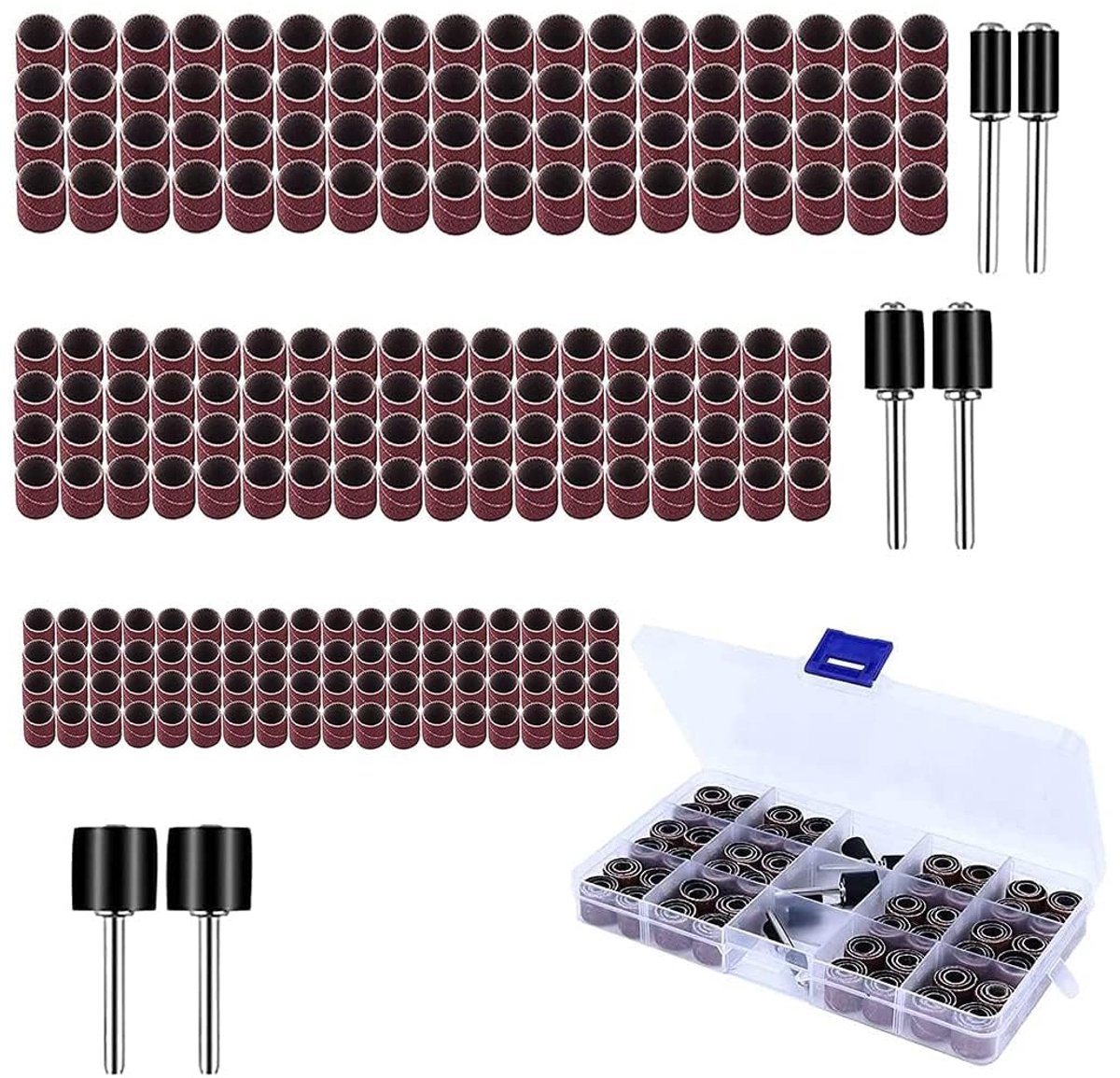 Schuurmof set 222 stuks - 216 schuurmofjes 80/120 korrel - met 6 rubberen drumhouders - ideaal voor Dremel gereedschap - ShopVlot