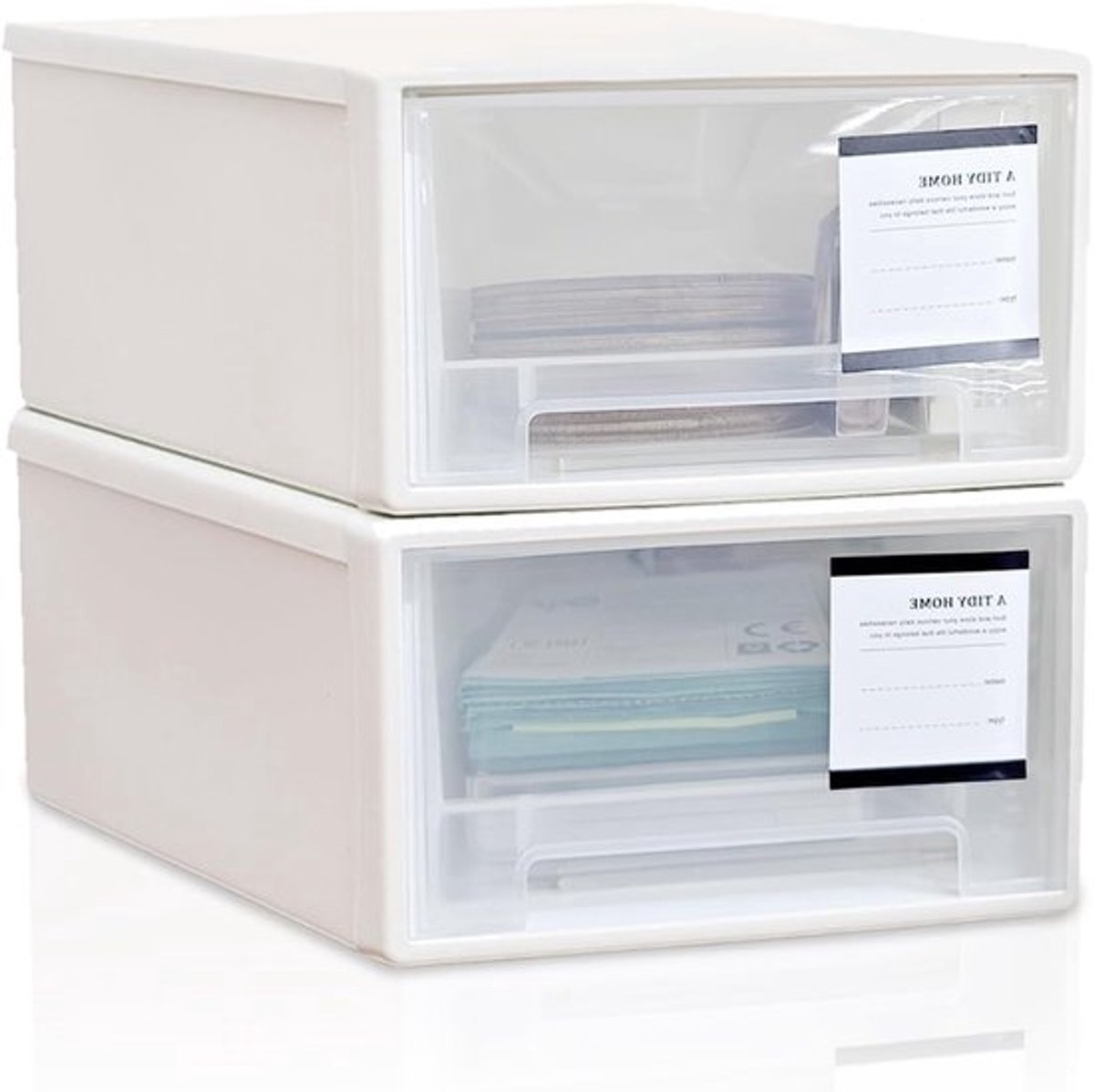 Set van 2 stapelbare plastic ladeboxen in wit voor bureau-organisatie in woonkamer, slaapkamer en kantoor