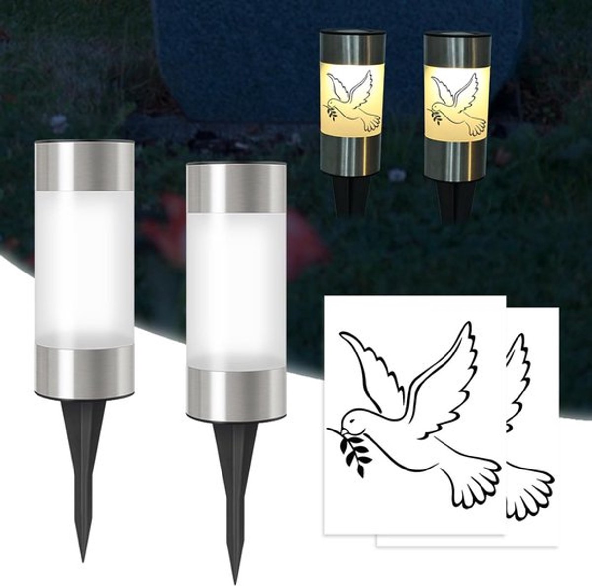Set van 2 Zonne-energie Graflichten met Grondpen en Duivenstickers, Weerbestendige LED Grafkaarsen met Automatische Dusk Sensor voor Begraafplaatsen