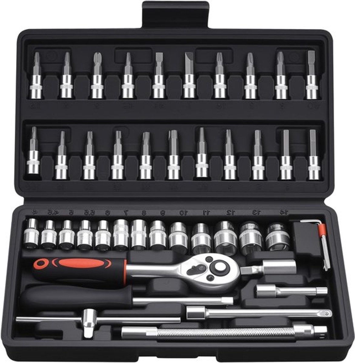 Complete 46-delige Steeksleutelset met 1/4 Inch Ratchet, Snelle Verandering en Diverse Opzetstukken voor Thuis en Auto Reparatie