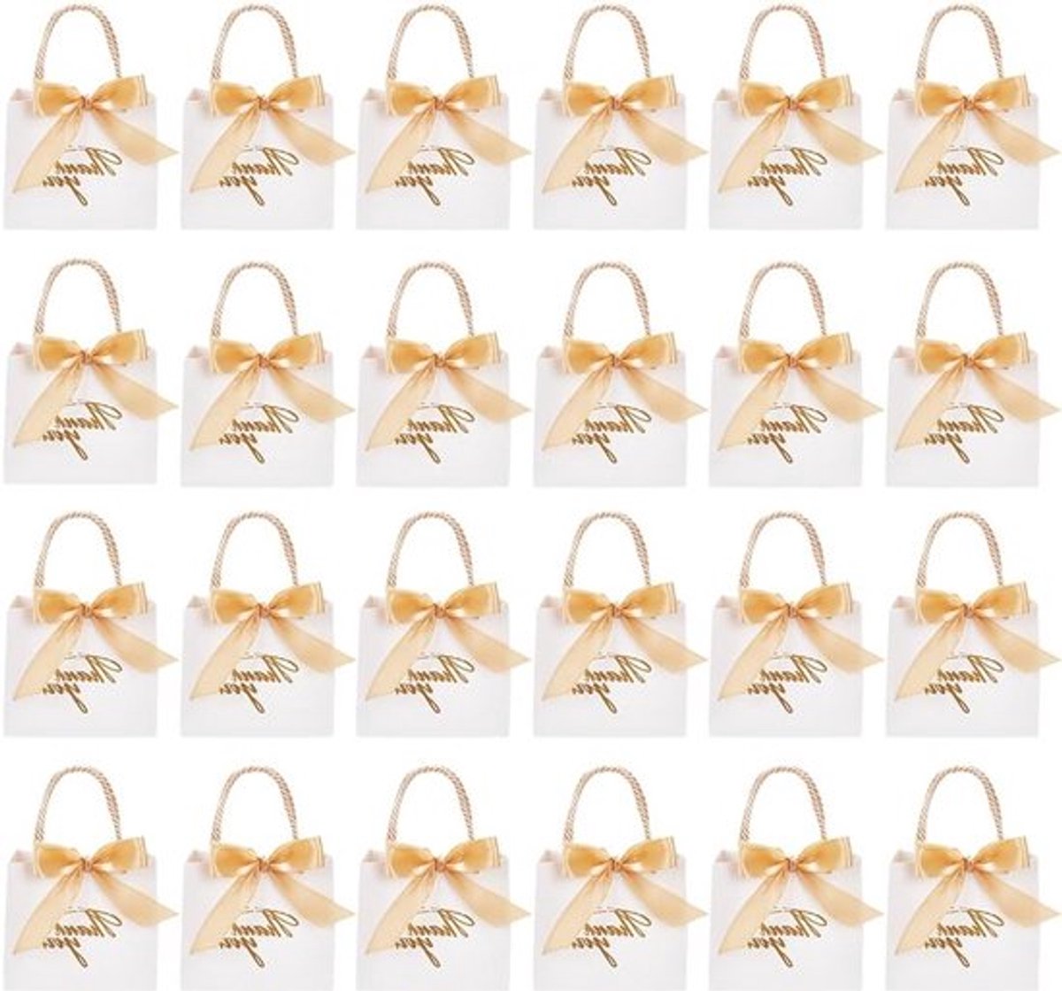 24 Sets Bedanktasjes met Handvat en Strik, 12 x 14 x 6 cm, Kraft Papieren Cadeautas met Gouden Foliedruk voor Verjaardag, Bruiloft en Feestjes