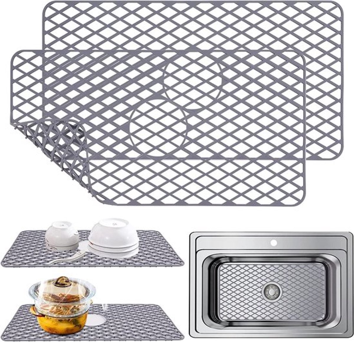 Siliconen Gootsteenmat Set van 2, Vouwbare en Hittebestendige Antislip Beschermers voor RVS en Porseleinen Gootsteen, Ideaal voor Keuken en Badkamer