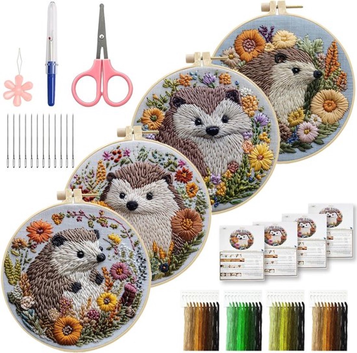 Borduurset voor volwassenen en beginners met dieren en egels in bloemenkrans, doe-het-zelf voorgedrukte stofset voor creatieve woondecoratie en hobbyprojecten