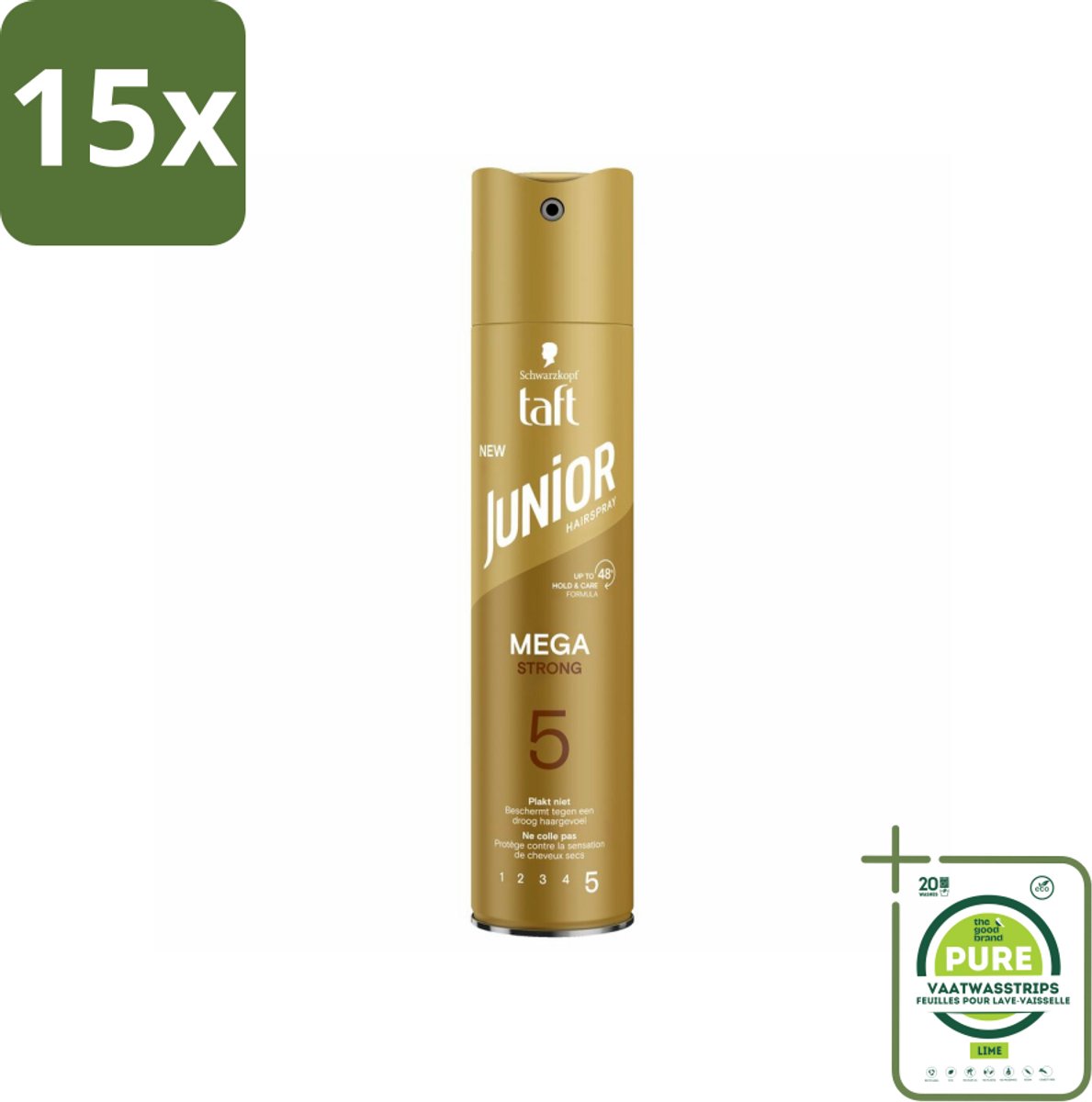 15 x Taft - Mega Strong 5 - Junior Haarspray - Extra sterke hold voor kids - 250 ml - Grootverpakking - Haarspray - Sterke Fixatie - Milde Haarspray - Vegan Haarspray - Haarspray Voor Kinderen