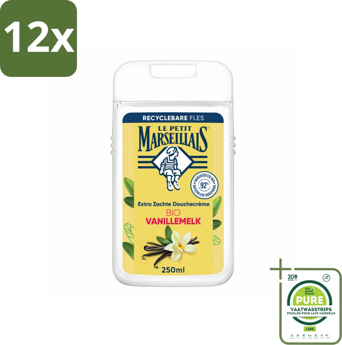 Le Petit Marseillais – Douchecrème – Lait de Vanille Bio – Extra zacht – 250 ml - Voordeelverpakking - 12 stuks - Douchecrème - Vanille
