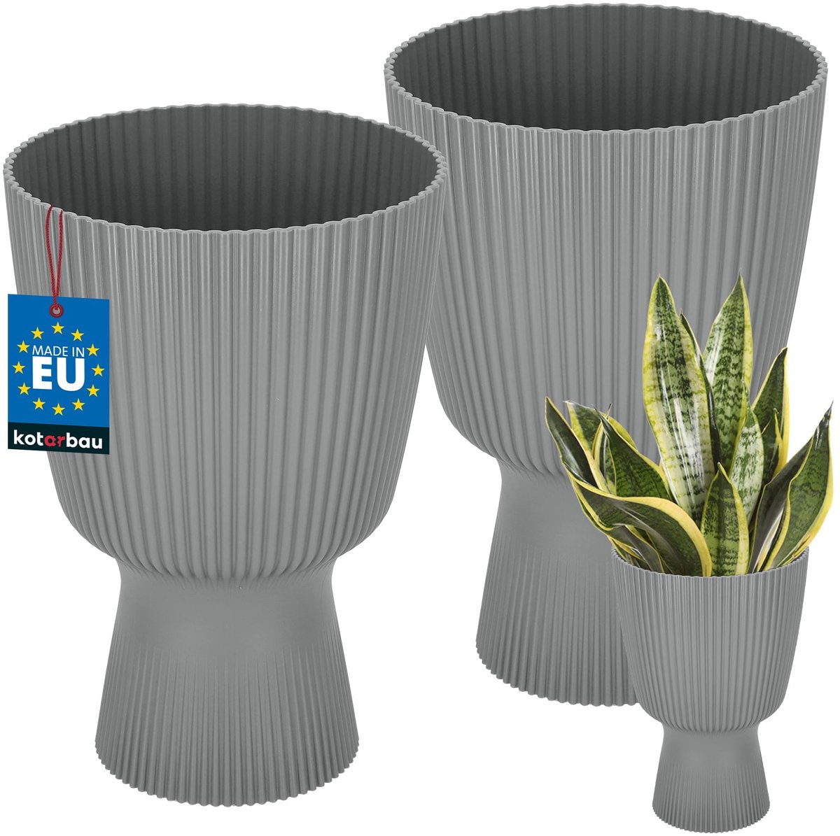 KOTARBAU® 2 Stuks - Bloempot - Plantenpot met Sokkel ⌀ 18 cm - PVC - Geribbelde Orchideeënpot - H: 27 cm - Grijs - Kelkvorm
