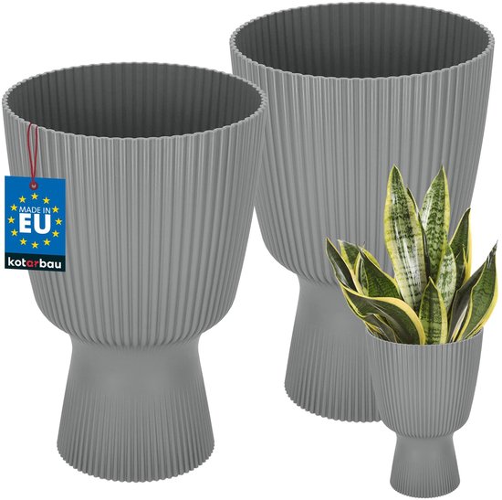 KOTARBAU® 2 Stuks - Bloempot - Plantenpot met Sokkel ⌀ 18 cm - PVC - Geribbelde Orchideeënpot - H: 27 cm - Grijs - Kelkvorm