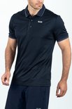 Donkerblauwe polo met fijne zwarte strepen, contrasterende witte randen en SJS logo op de borst.
