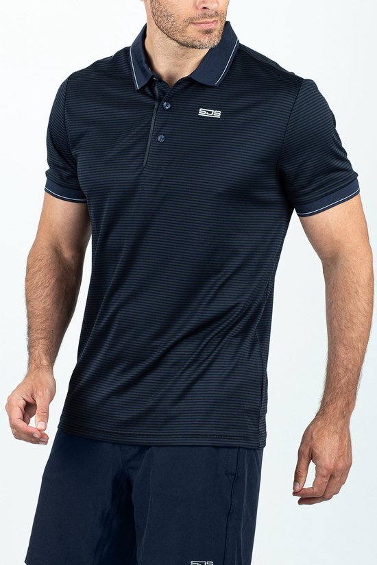Donkerblauwe polo met fijne zwarte strepen, contrasterende witte randen en SJS logo op de borst.